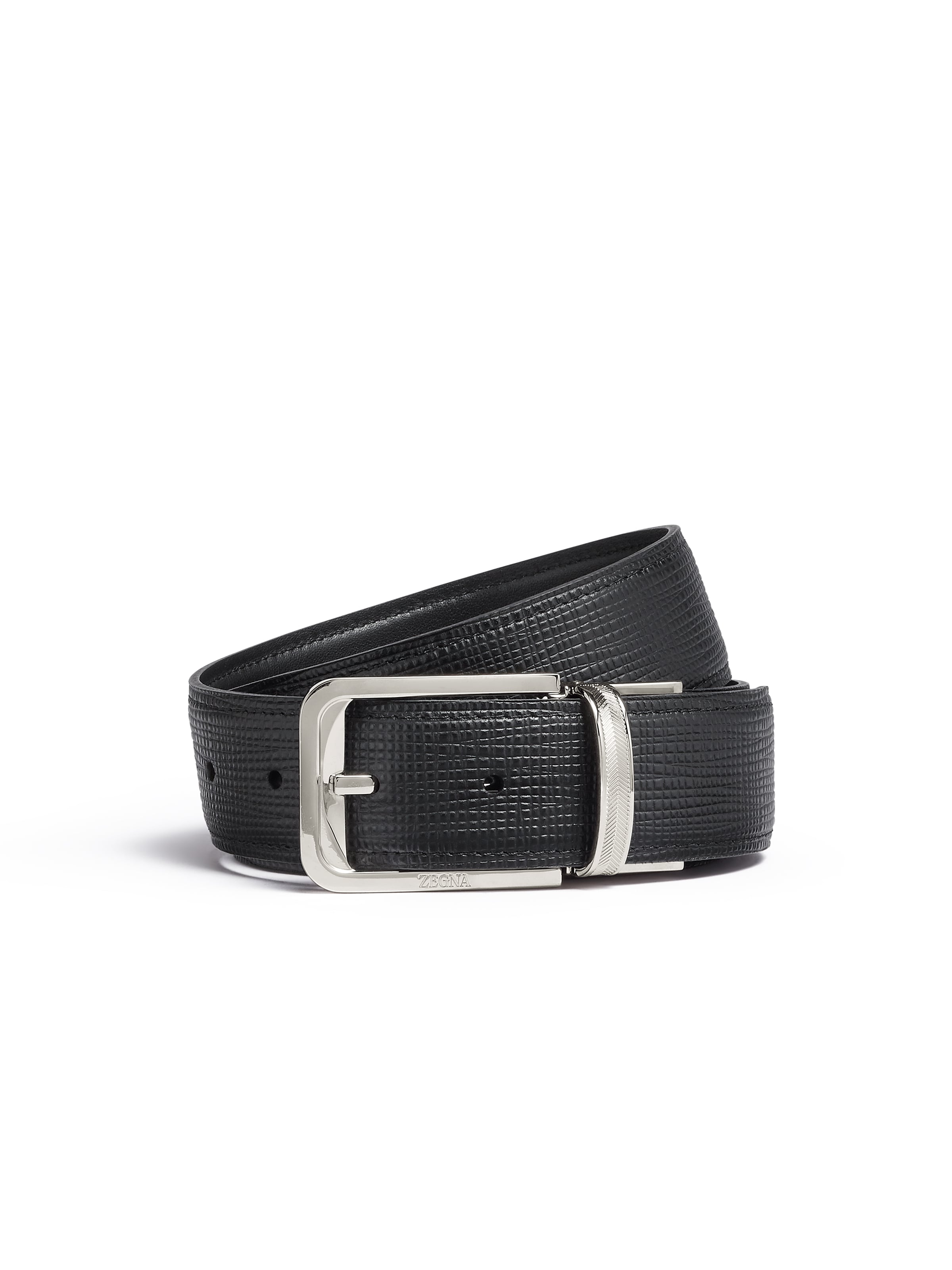 Zegna Black Paglia Engraved Leather And Black Leather Reversible Belt In Noir