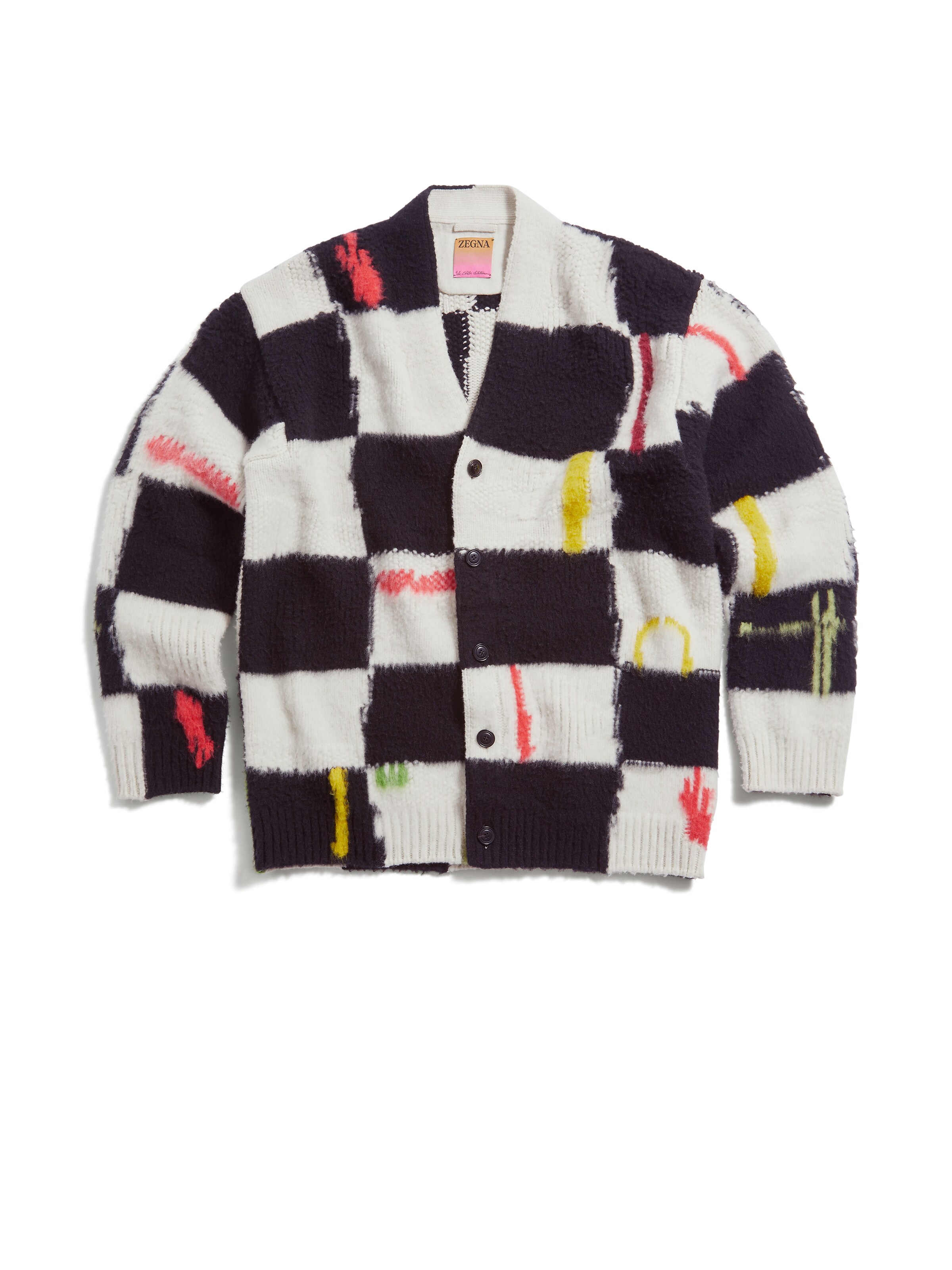 Zegna Black Check-pattern Knitted Cardigan In Blanc/noir