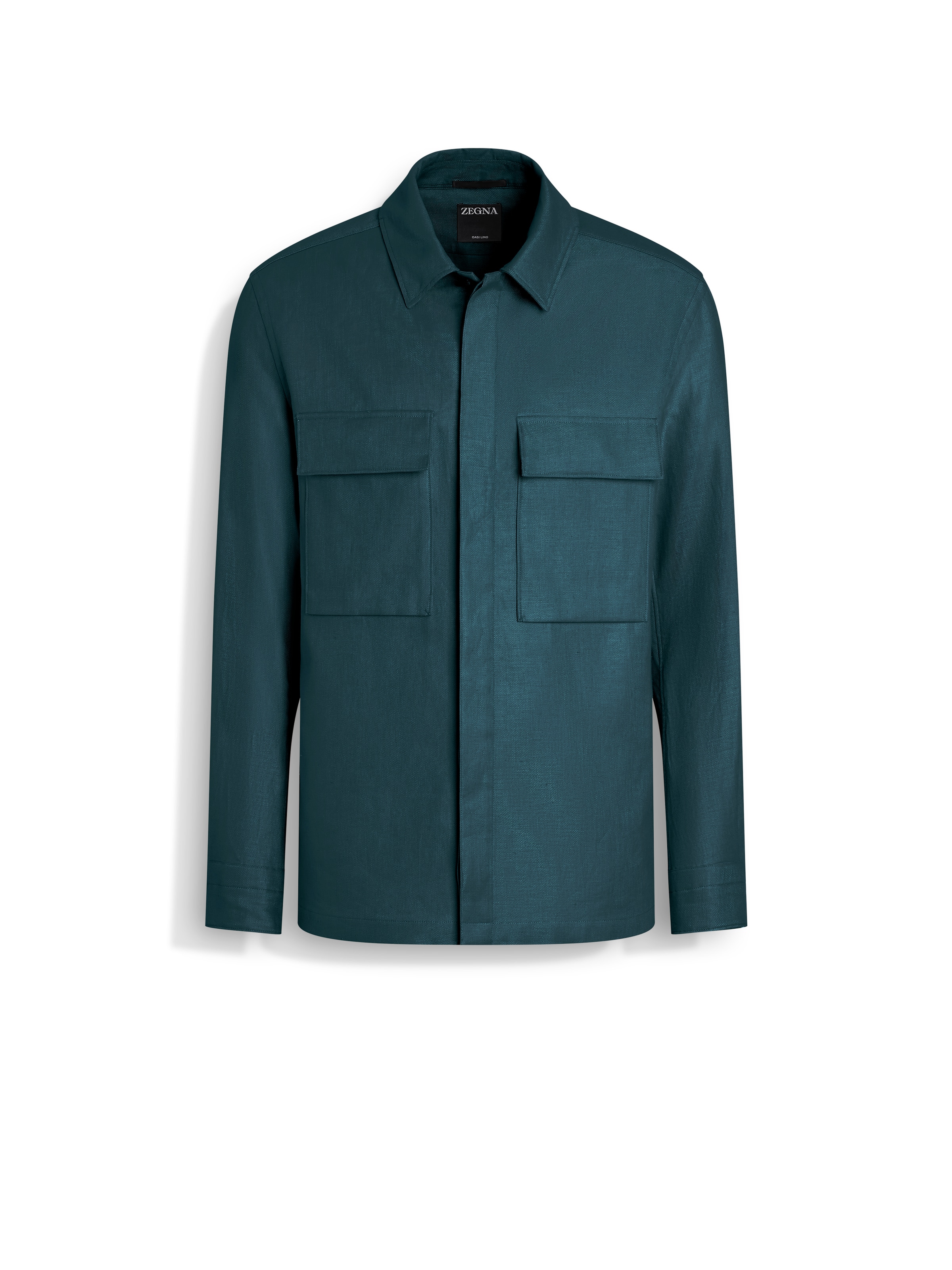 Zegna Overshirt Linen Concealed Placket In Dark Teal Blue